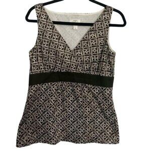 Ann Taylor Loft Black & White Floral Print Sleeveless Top V-Neck Waistband Detai